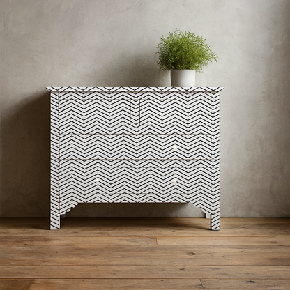 Handcrafted black bone inlay dresser with metal knobs and geometric design