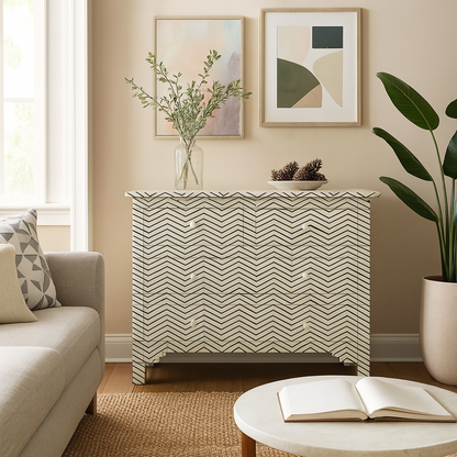 Black Bone Inlay Chest of Drawers – 4-Drawer Handmade Dresser | Chevron Pattern Storage Cabinet