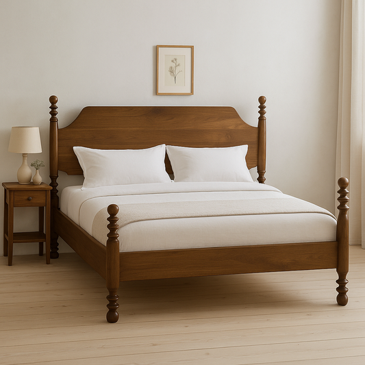 Vintage Solid Wood Poster Bed – Turned Pillar Design in Walnut Finish