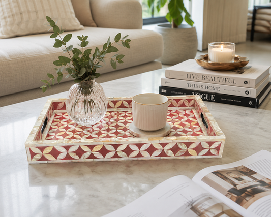 Handmade Mother of Pearl Inlay Rectangle Serving Tray in red