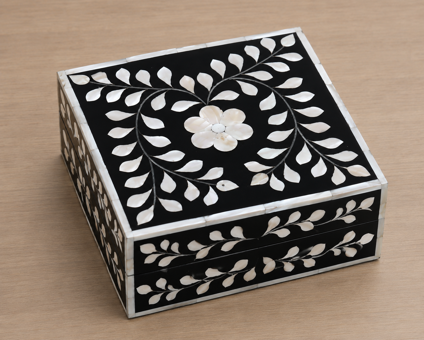 Luxury Black Mother of Pearl Inlay Decorative Jewelry Box with Floral Motif  Handmade Keepsake Box.
