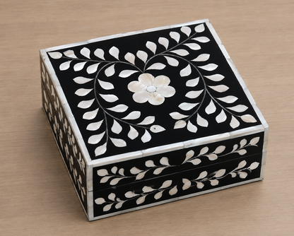 Luxury Black Mother of Pearl Inlay Decorative Jewelry Box with Floral Motif  Handmade Keepsake Box.