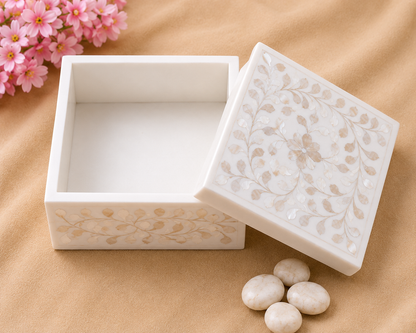 Personalized White Mother of Pearl Inlay Jewelry Box | Handmade Luxury Keepsake Box.
