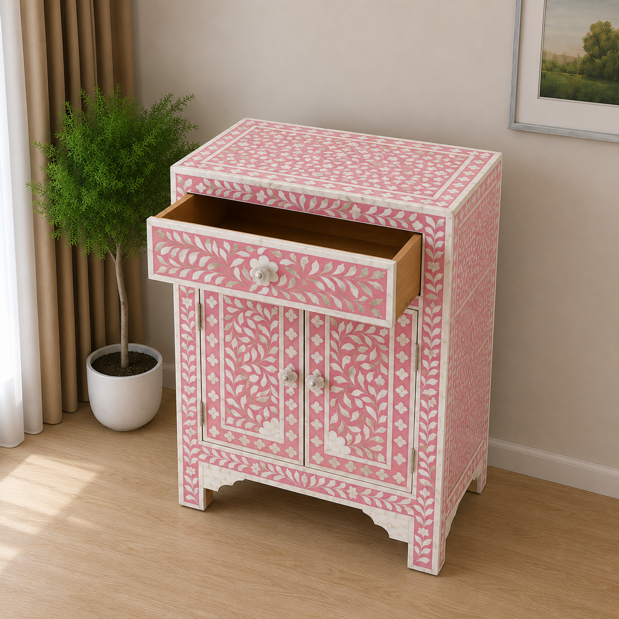 Luxury Pink Bone Inlay Bedside Cabinet for Modern Home Decor