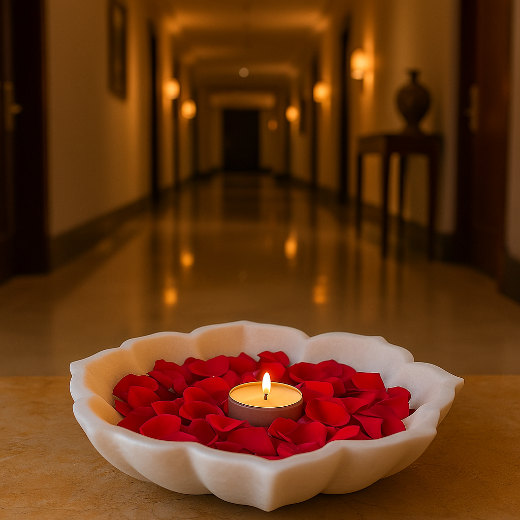 Hand-carved white marble lotus bowl used as a 9-inch decorative candle holder for home decor








