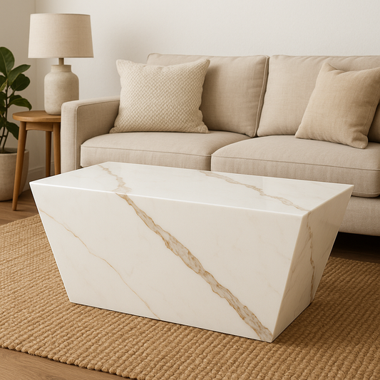 Modern trapezoid marble coffee table with cream veining, placed in a minimalist living room setting