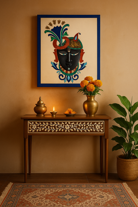Handcrafted Krishna Marble Inlay Wall Art – Mother of Pearl & Semi-Precious Stone Work