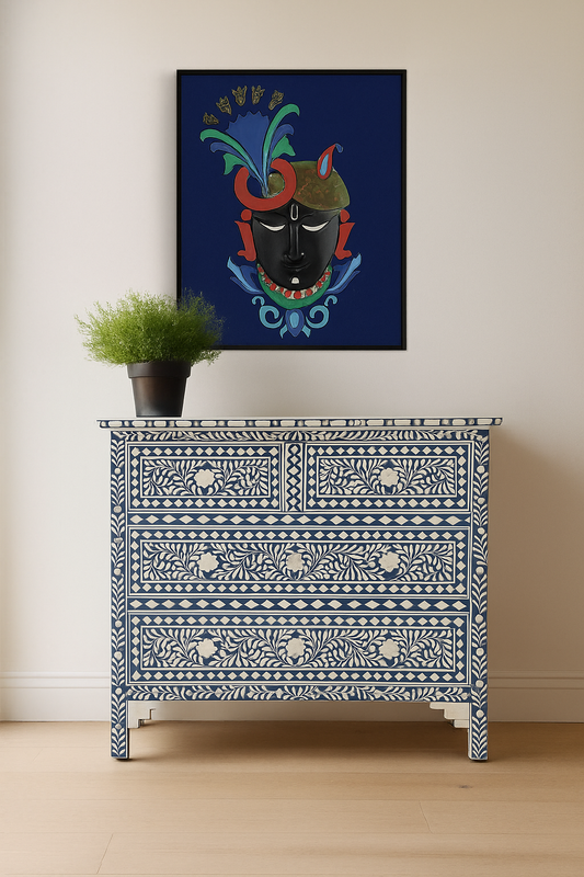 Bone Inlay Chest of 4 drawers, Floral Pattern In Blue