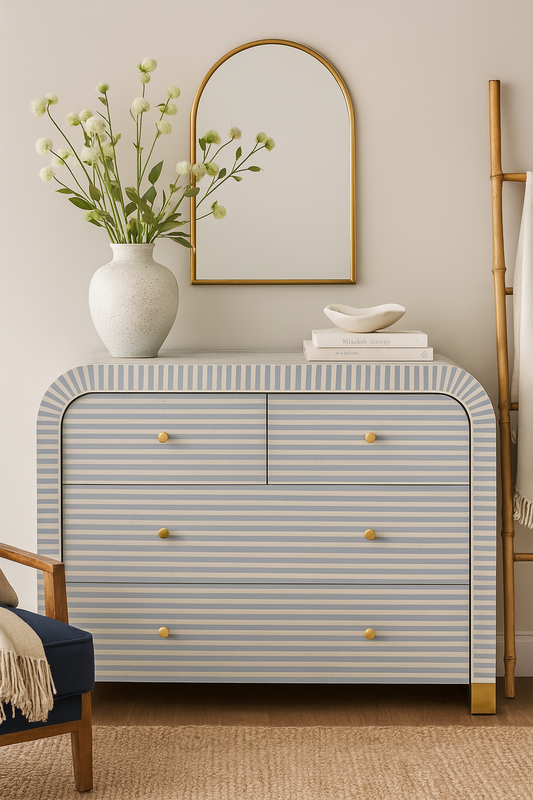 Grey Bone Inlay Curved 4-Drawer Chest