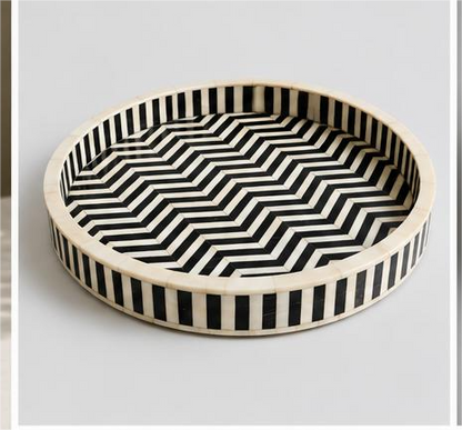 Handmade Geometric Chevron Pattren Bone Inlay Round Serving Tray