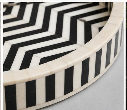 Handmade Geometric Chevron Pattren Bone Inlay Round Serving Tray