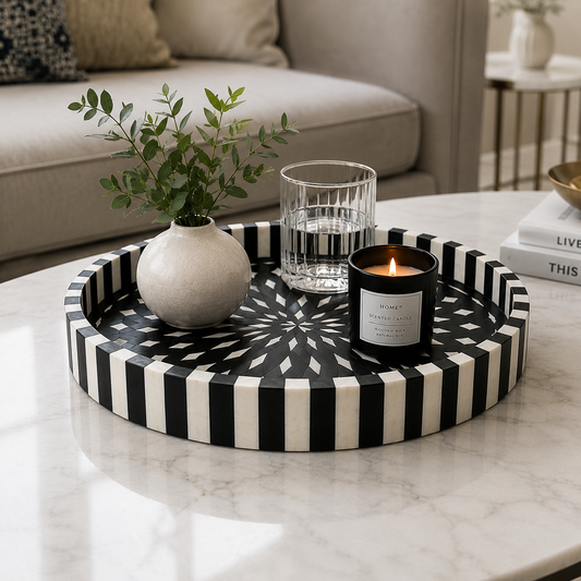 Custom Bone Inlay Round Tray in Elegant Decorative Design