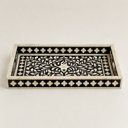 Handcrafted Bone Inlay Round Tray with Floral Pattern – Luxury Serving Tray