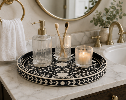 Black Bone Inlay Serving Tray – Handcrafted Floral Decorative Accent Tray