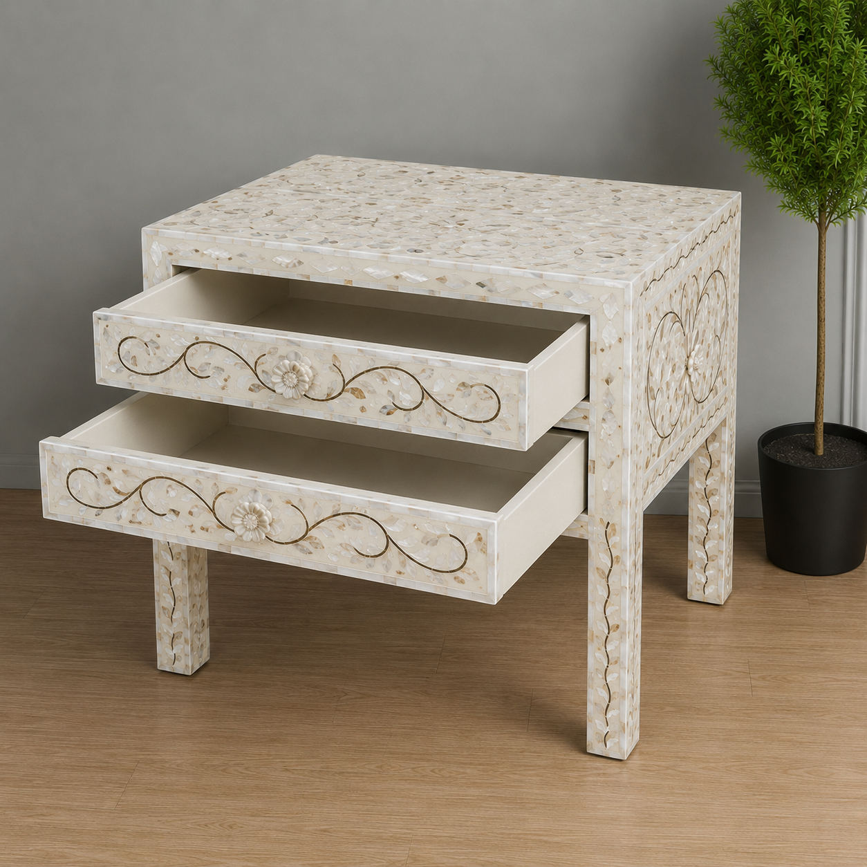 Close Up Mother of Pearl Inlay Craftsmanship on Nightstand