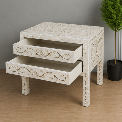 Close Up Mother of Pearl Inlay Craftsmanship on Nightstand