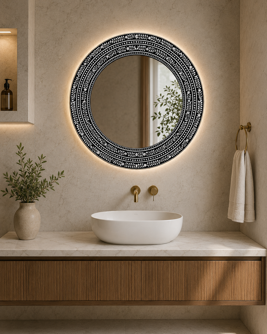 Luxury Handmade Bone Inlay Round Mirror Frame in Modern Bathroom