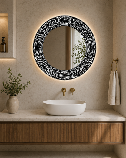 Luxury Handmade Bone Inlay Round Mirror Frame in Modern Bathroom