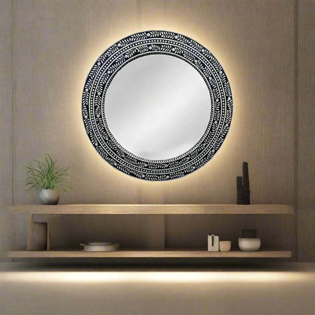 Black and White Bone Inlay Round Wall Mirror with Floral Pattern