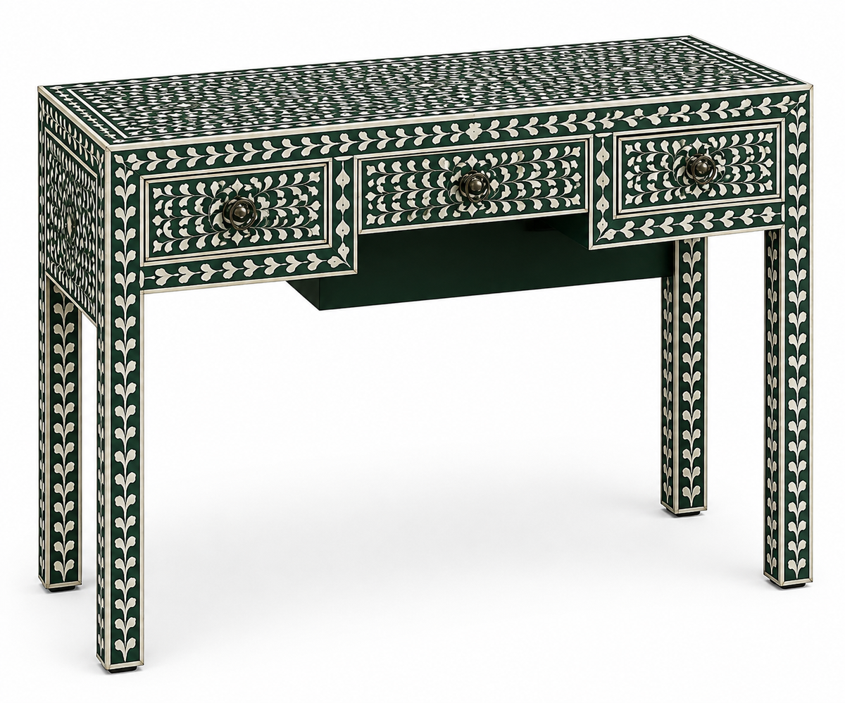 Decorative Green Inlay Desk with Four Storage Drawers
