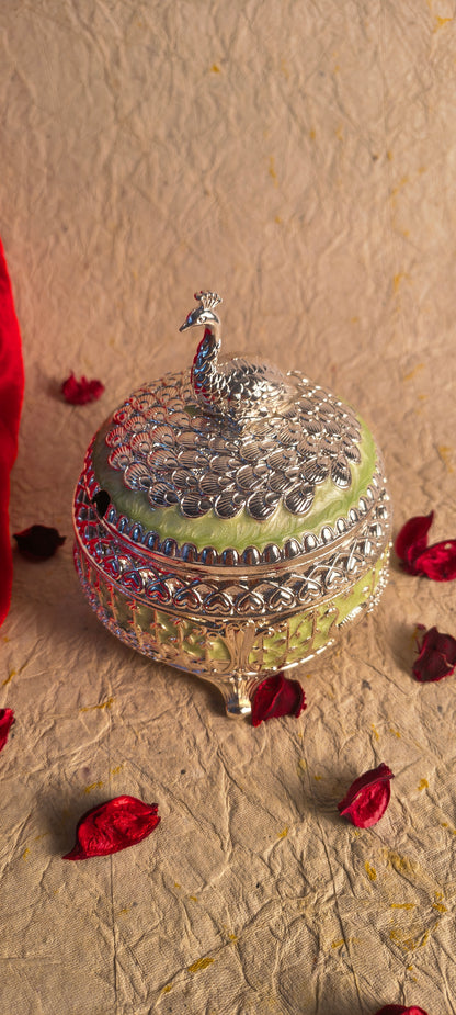 Decorative Peacock Dry Fruit Box with Green Enamel Finish and Silver Tone Metalwork