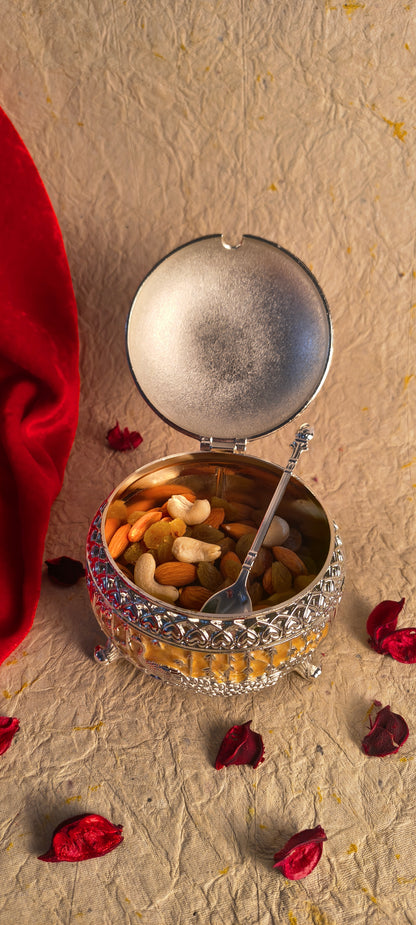 Round Peacock Design Dry Fruit Container with Lid for Festive Serving and Gifting