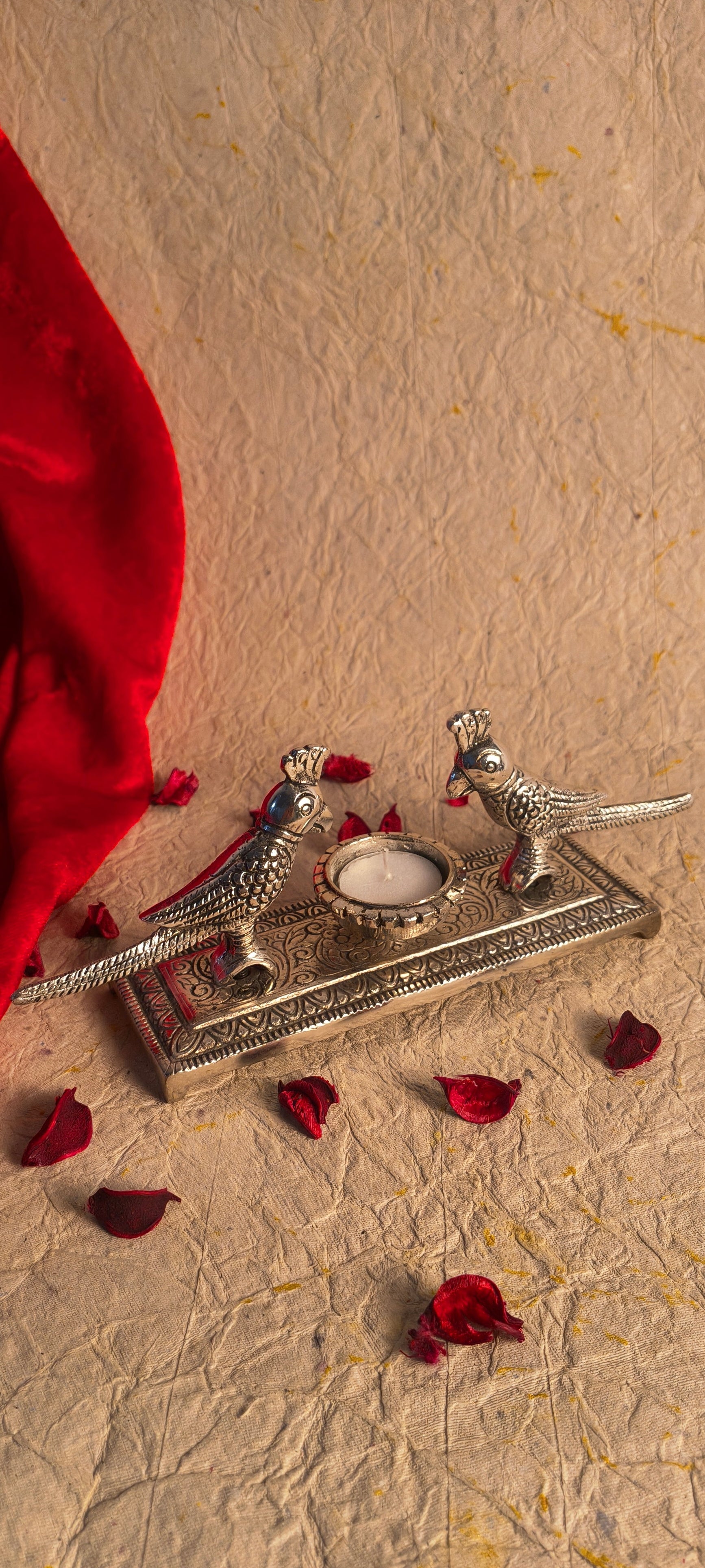 Decorative Peacock Pair Tealight Candle Holder with Silver Finish and Intricate Engraved Base