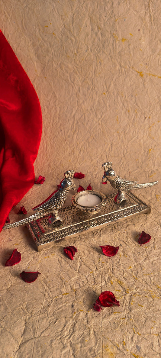 Decorative Peacock Pair Tealight Candle Holder with Silver Finish and Intricate Engraved Base