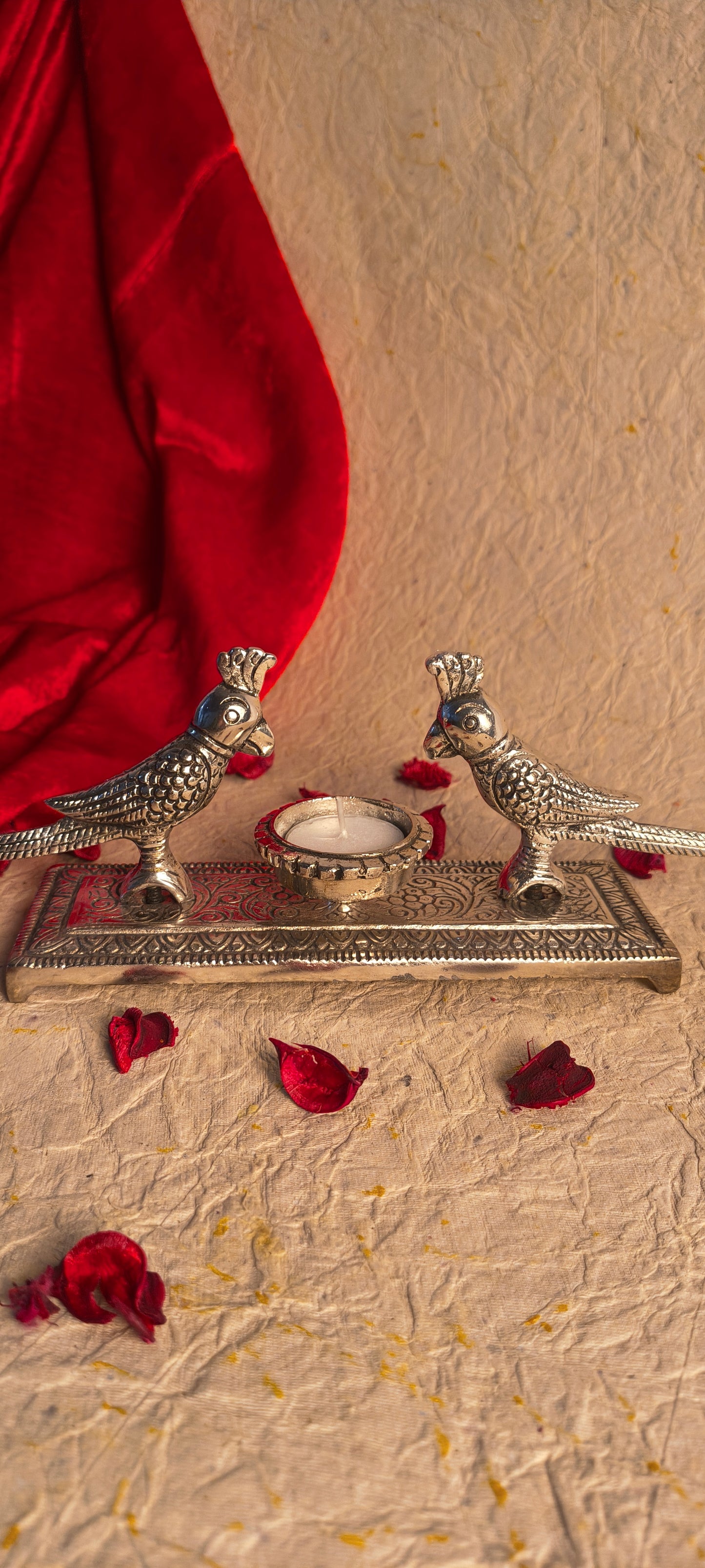 Elegant Silver Tone Peacock Candle Stand with Center Tealight Holder