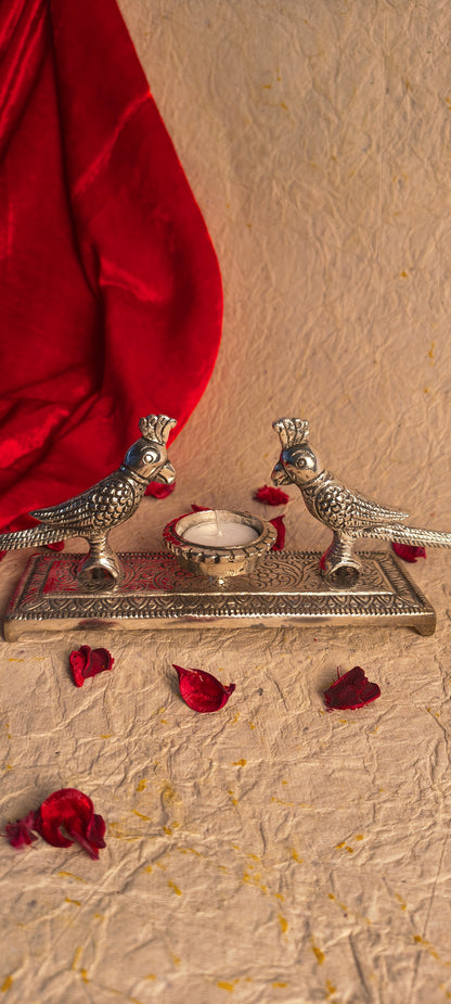 Elegant Silver Tone Peacock Candle Stand with Center Tealight Holder