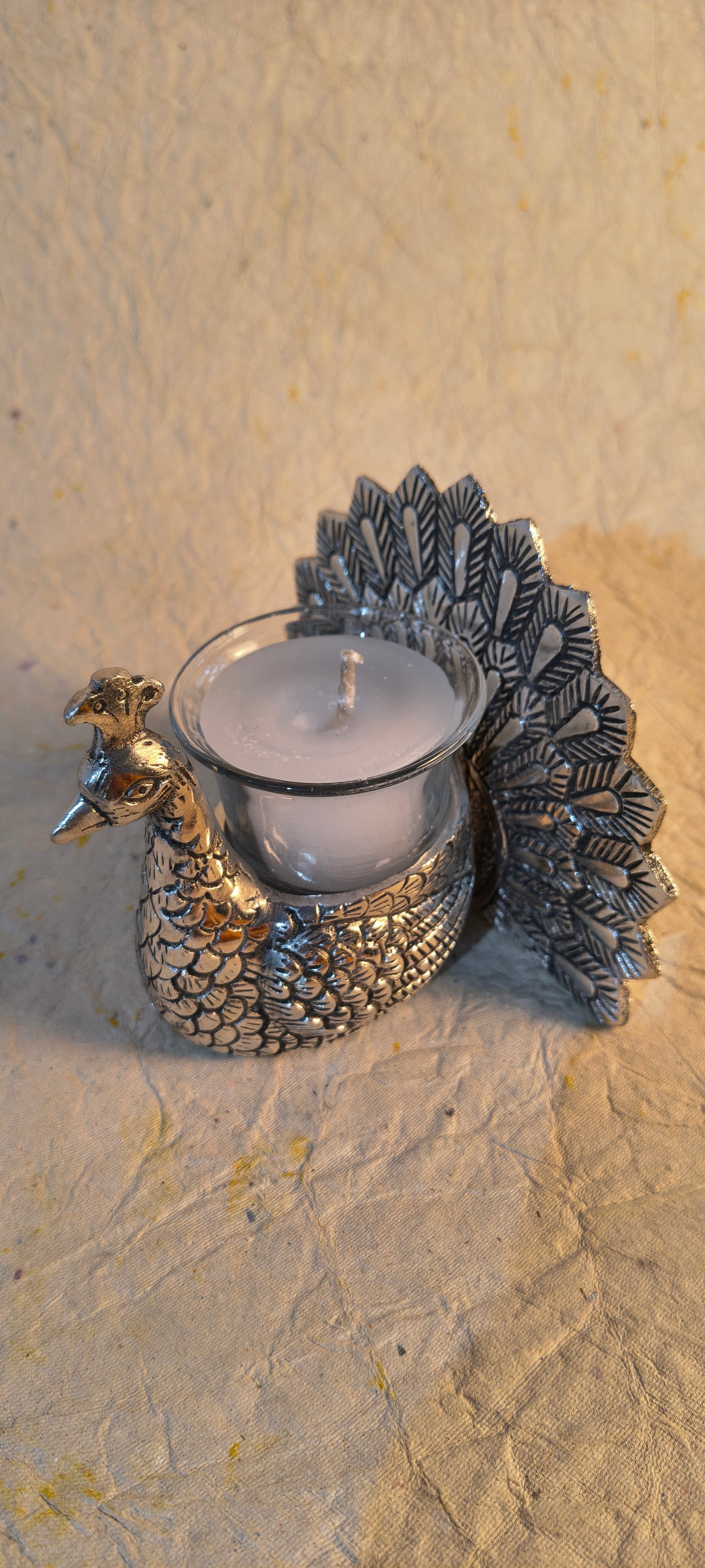 Decorative Peacock Tealight Candle Holder with Glass Cup and Silver Finish