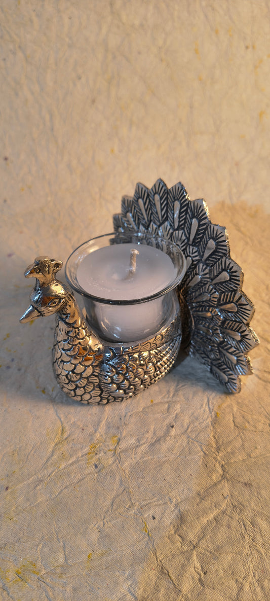 Decorative Peacock Tealight Candle Holder with Glass Cup and Silver Finish