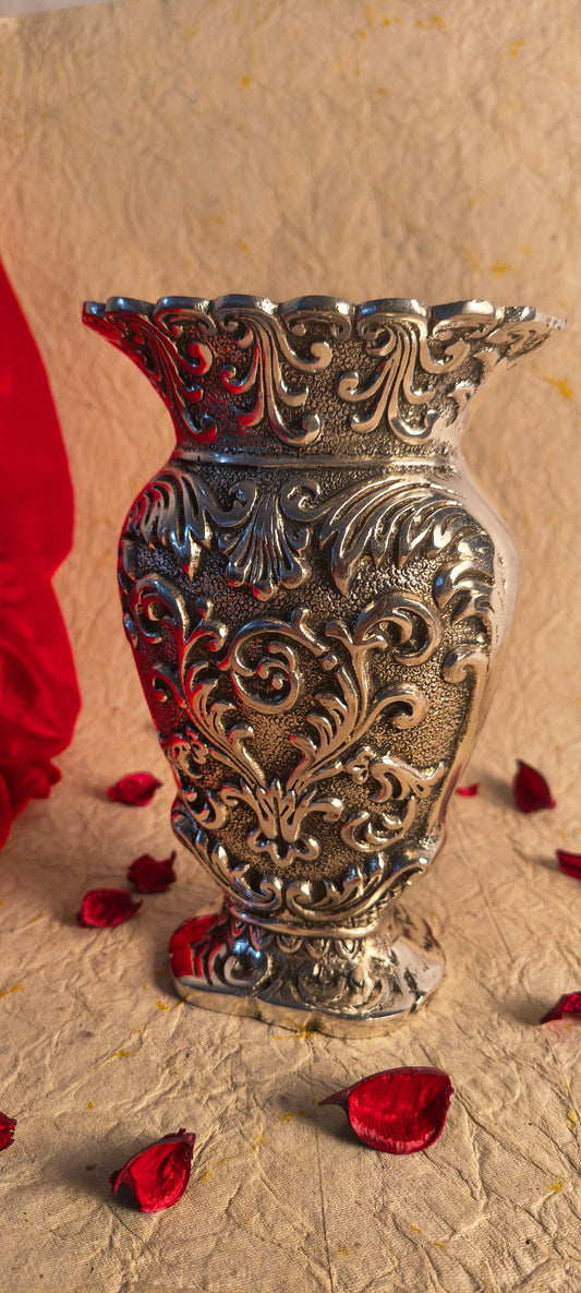 Decorative Silver Finish Floral Metal Vase with Intricate Embossed Scrollwork Design