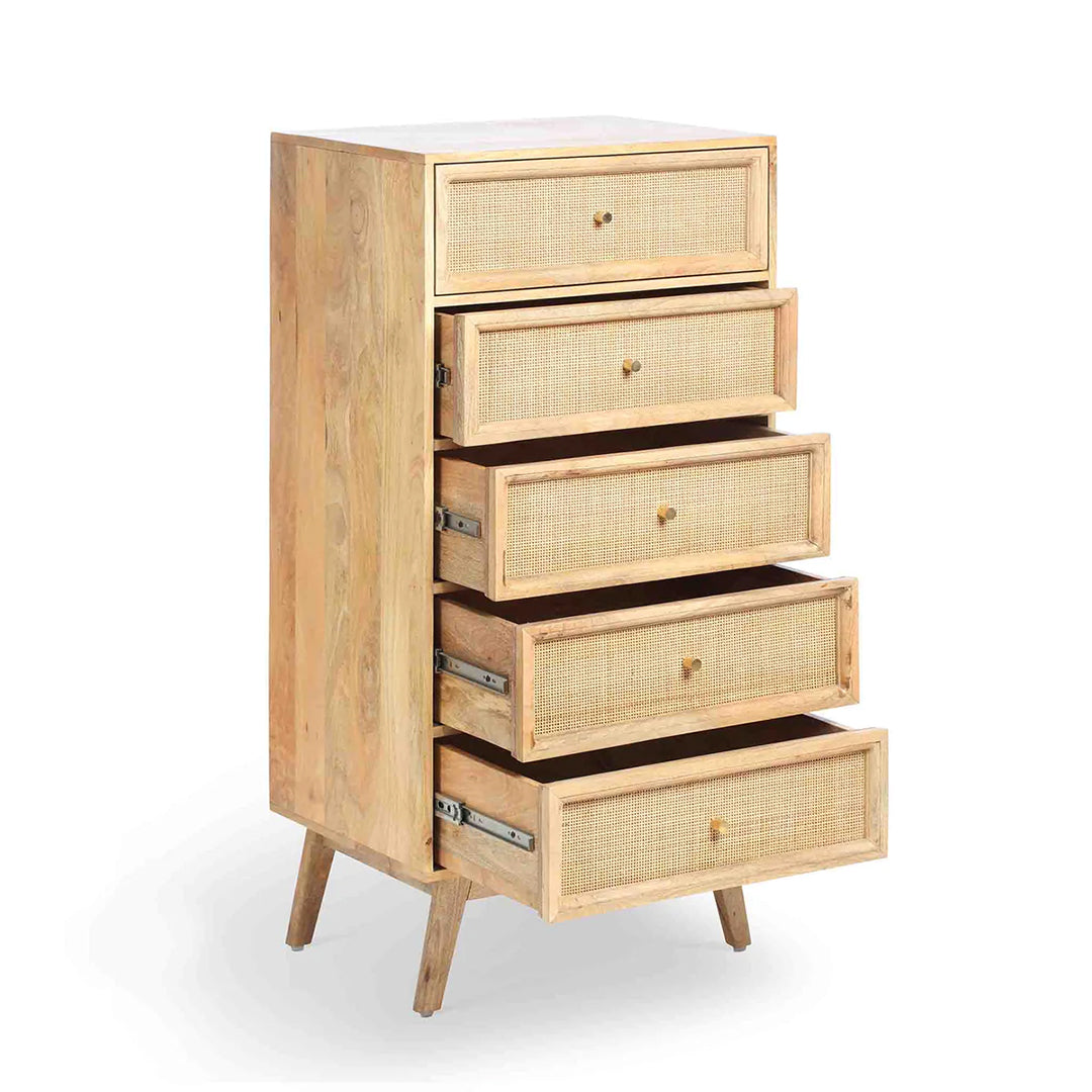 Handcrafted Classic 5-Drawer Wooden Chest / Cane Work-Tall Dresser