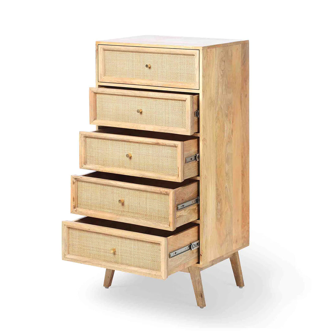 Handcrafted Classic 5-Drawer Wooden Chest / Cane Work-Tall Dresser