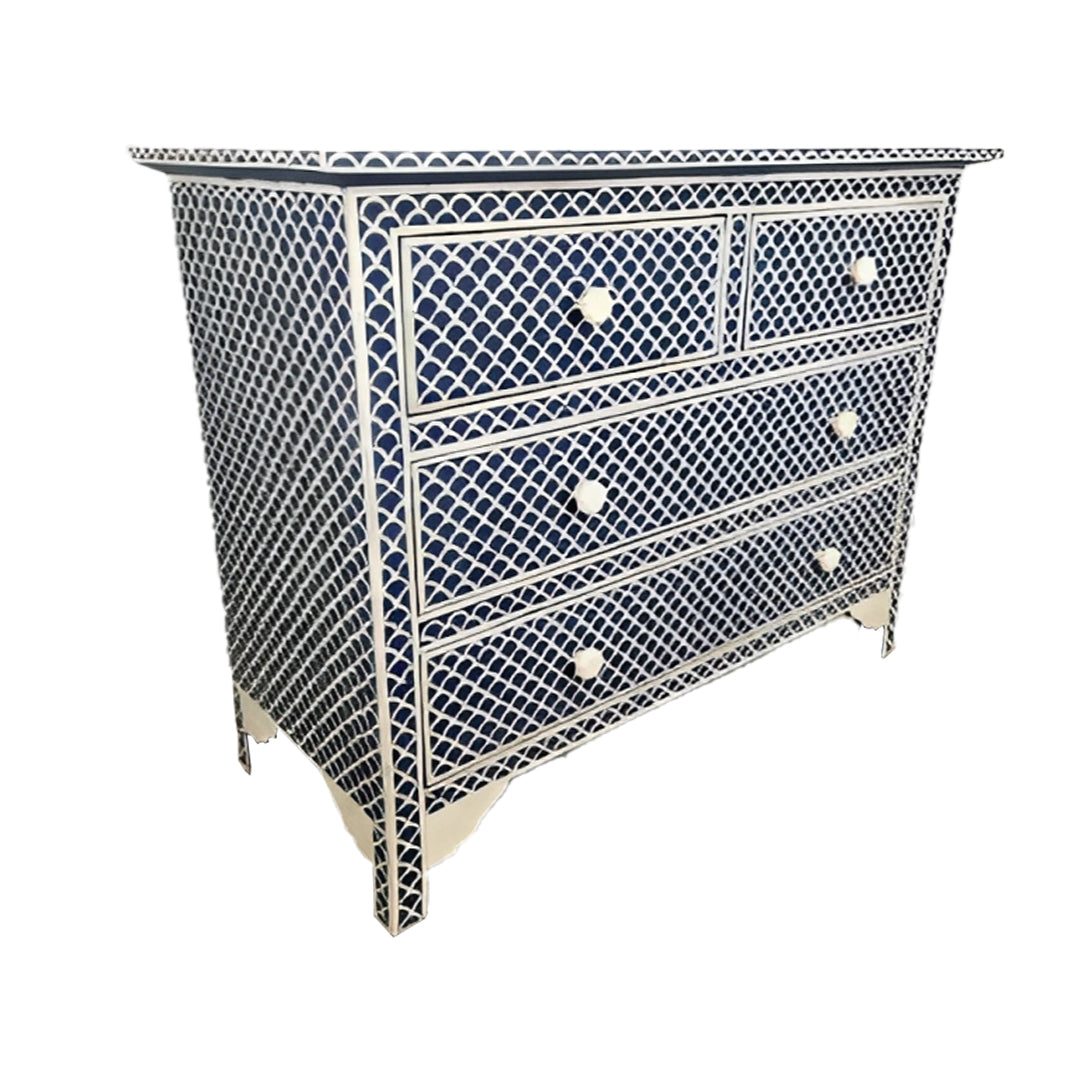 Bone Inlay Chest Of 4 Drawers , Fish Scale Pattern In Indigo
