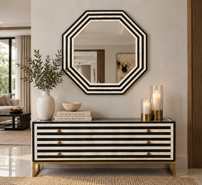 Handmade customized bone inlay hexagonal mirror frame with black and white geometric stripes.