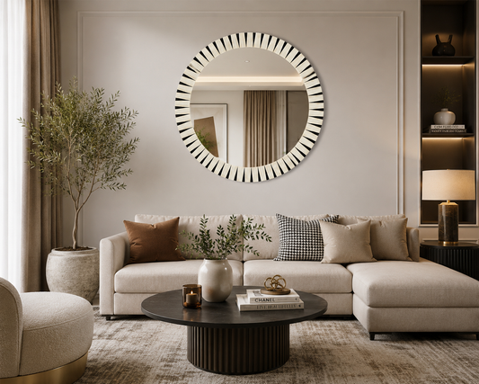 Luxury round bone inlay mirror frame with black and white geometric sunburst pattern for modern wall décor