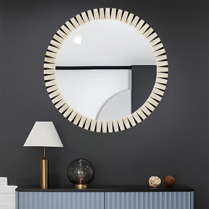 Luxury round bone inlay mirror displayed in a modern living room with neutral décor.