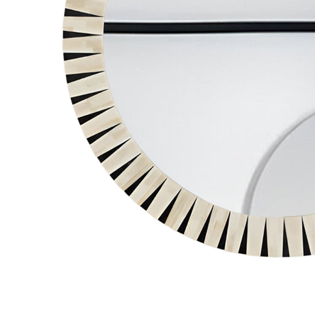 Modern living room styled with a handmade round bone inlay decorative wall mirror.