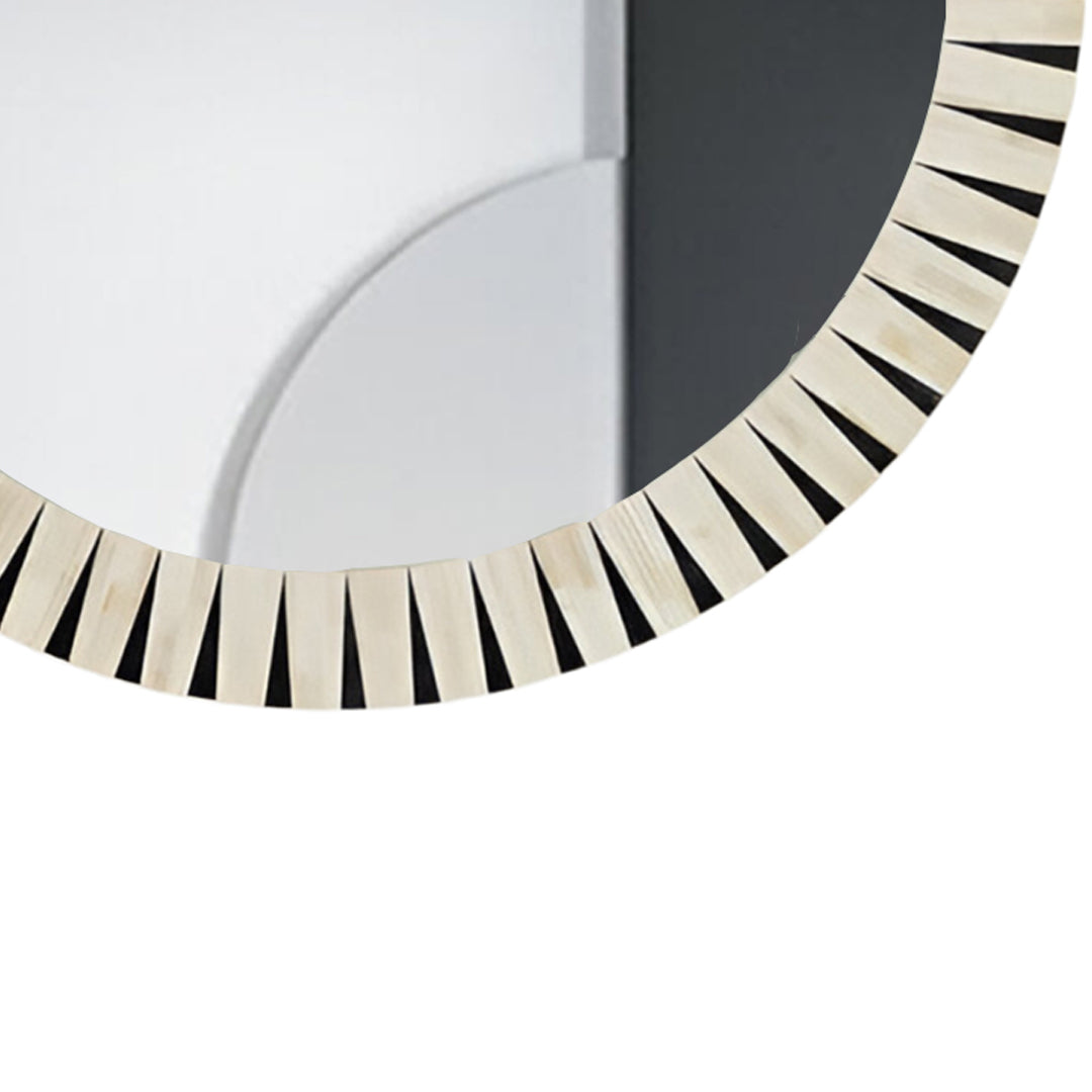 Elegant handcrafted round bone inlay mirror with black and white geometric pattern.