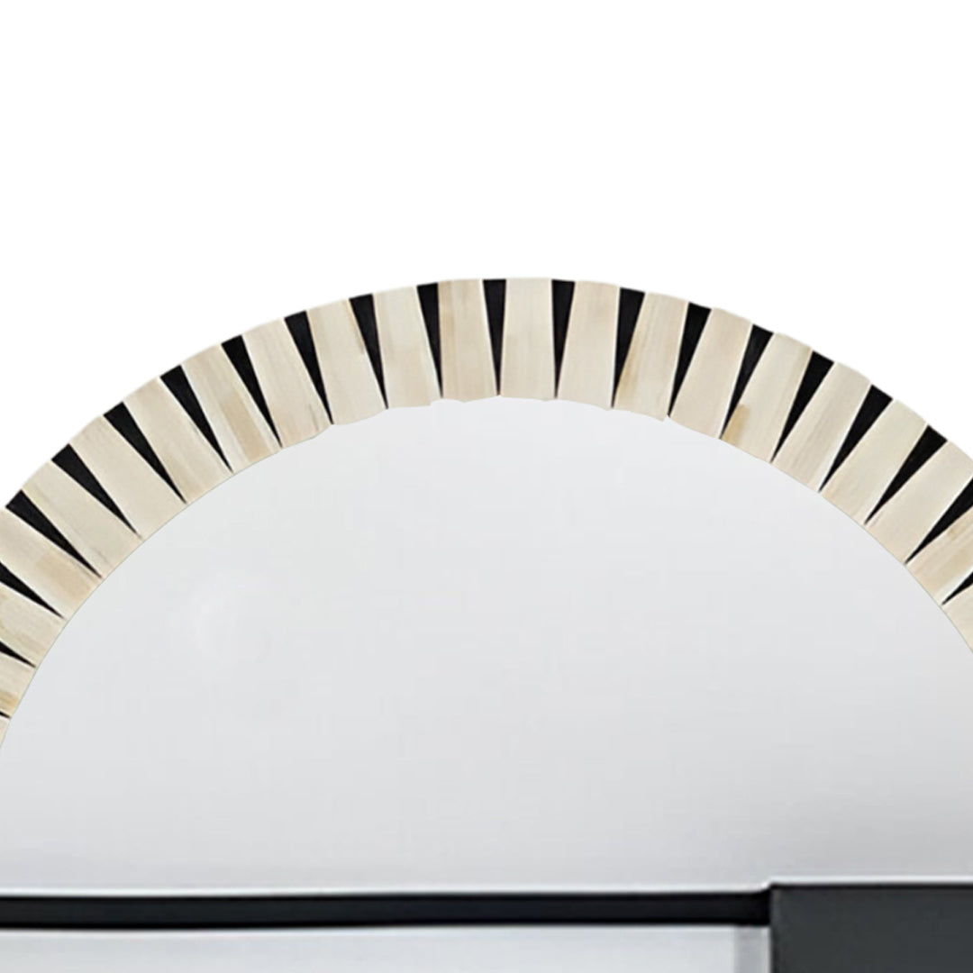 Premium bone inlay wall mirror decorating a contemporary living room space.