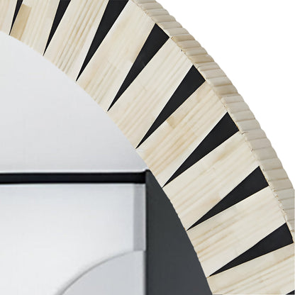 Luxury bone inlay mirror above a wooden sideboard in a sophisticated living room.