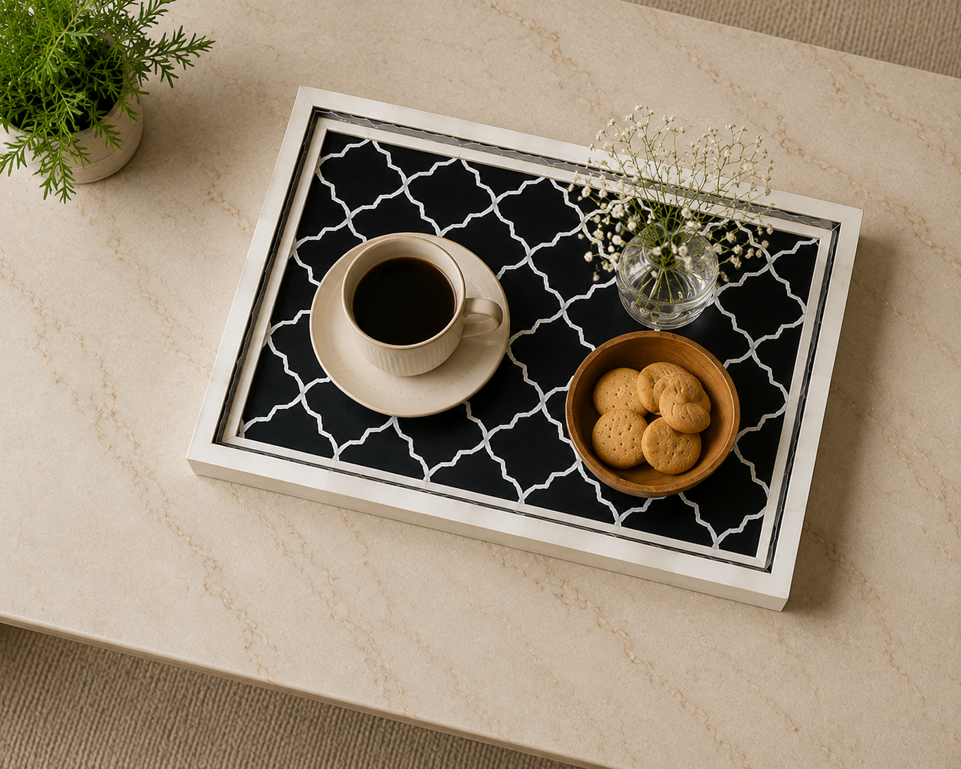 Decorative Handmade Bone Inlay Tray for Table Styling & Serving