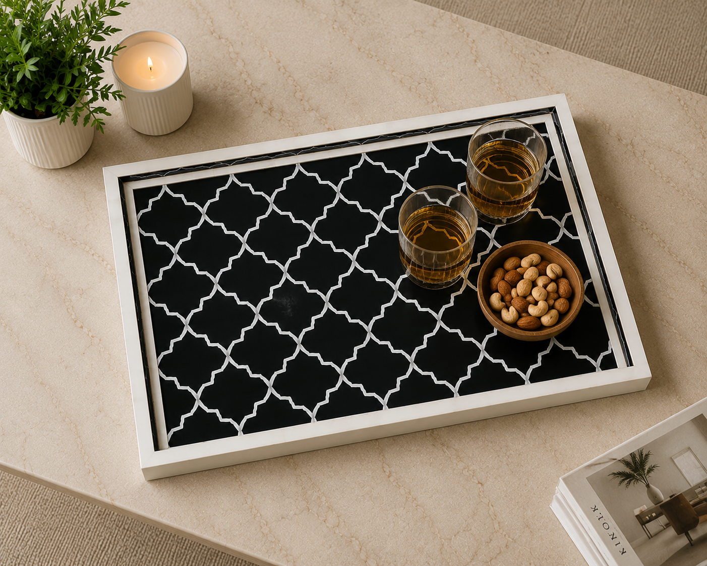 Decorative Handmade Bone Inlay Tray for Table Styling & Serving