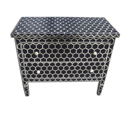 Handcrafted Bone Inlay Chest Of 2 Drawers,Honeycomb Pattern In Black