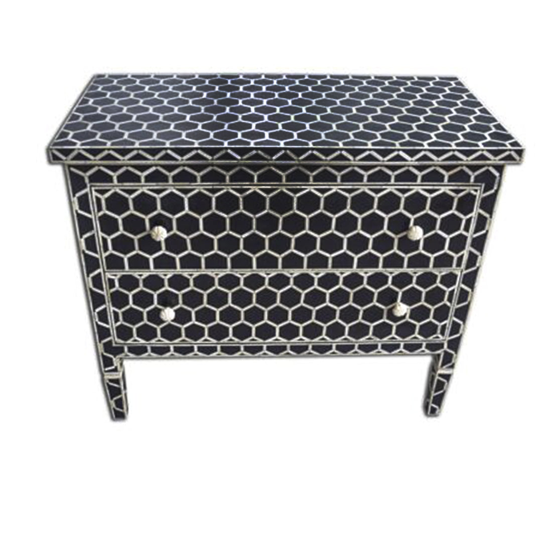 Bone Inlay Chest Of 2 Drawers ,Honeycomb Pattern In Black