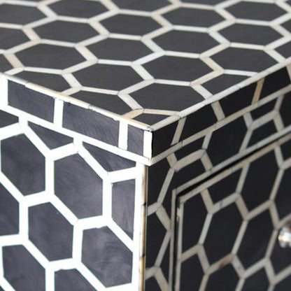 Handcrafted Bone Inlay Chest Of 2 Drawers,Honeycomb Pattern In Black
