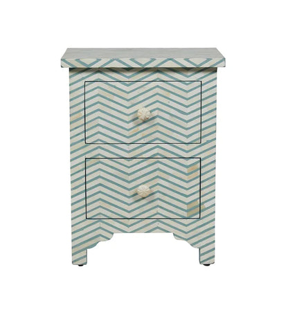 Geometric Chevron Pattern Bone Inlay Bedside Table - Blue