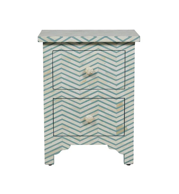 Geometric Chevron Pattern Bone Inlay Bedside Table - Blue